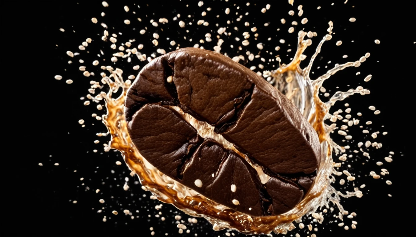 a coffee bean exploding in midair, detailed photorealistic, high contrast, dramatic lighting, transparent background, studio lighting, cinematic, 8K, best quality, hyper-detailed, dynamic motion, splashing coffee, swirling liquid, dramatic splash, coffee bean rotating, extreme detail, professional photography, vivid colors, cinematic composition