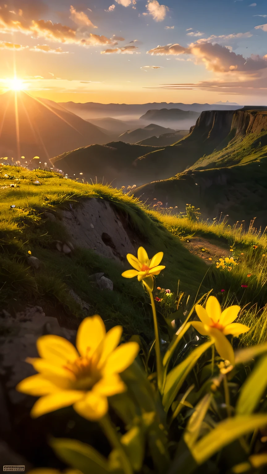 Complex details, detailed, Realism,The first rays of the morning sun,Dew on flowers on a cliff,(sunrise,Lens flare),nice picture,HD wallpaper,Natural light, dramatic, Source Reality,