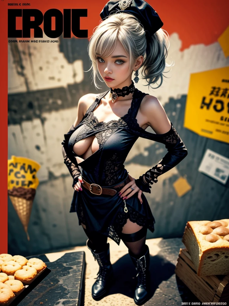 (perky chest:1.2), (pointed chest:1.2),(icecream magazine cover:1.3),(from above:1.2),(shoot from the side:1.1),(((Black Tunic:1.3))),(((cakes and bread in the basket),a 27yo seductive woman,masterpiece、highest quality、Very detailed、Beautiful fine details、Detailed landscape、Braided Ponytail、Red camisole、small breast, Tank top showing underboob:1.0)), thigh straps, bangs, necktie, earrings, nail polish, fishnet pantyhose, silver hair, looking at viewer, full body, hands on hips pose, belt, food, ring, choker, english text paper:1.2, collared shirt, blue eyes, hat,lace-up boots ,