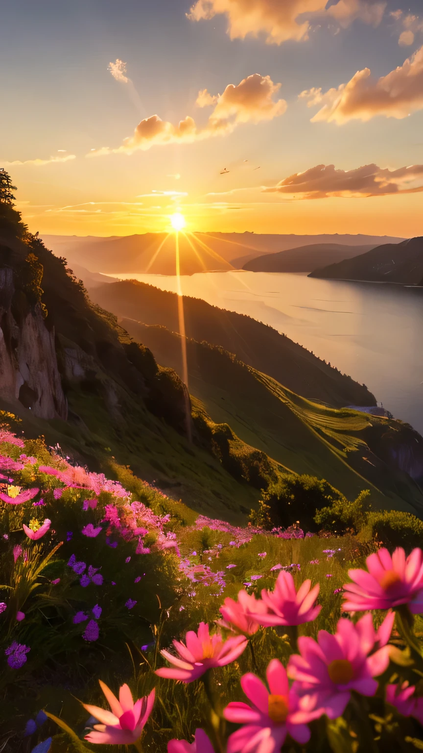 Complex details, detailed, Realism,The first rays of the morning sun,Dew on flowers on a cliff,(sunrise,Lens flare),nice picture,HD wallpaper,Natural light, dramatic, Source Reality,