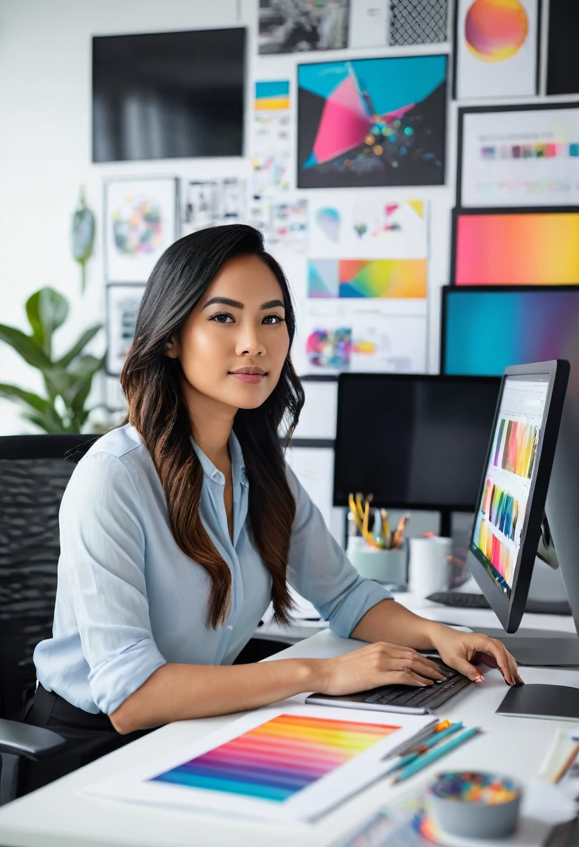 Create an image of a professional Malayan pretty woman working as a graphic designer in a modern, stylish office. She is seated at a sleek desk with a large, high-resolution monitor displaying vibrant, creative design work. The workspace is filled with design tools like a drawing tablet, color palettes, and inspirational posters on the wall. She is focused and confident, dressed in contemporary, casual professional attire. 