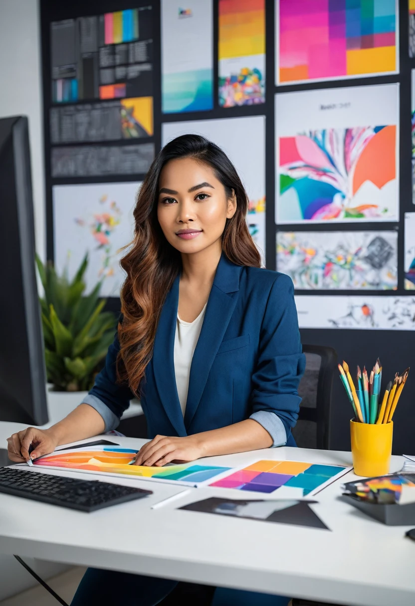 Create an image of a professional Malayan pretty woman working as a graphic designer in a modern, stylish office. She is seated at a sleek desk with a large, high-resolution monitor displaying vibrant, creative design work. The workspace is filled with design tools like a drawing tablet, color palettes, and inspirational posters on the wall. She is focused and confident, dressed in contemporary, casual professional attire. 