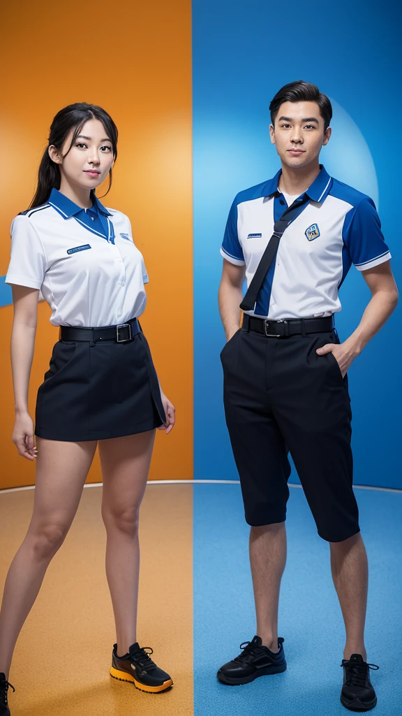 Create an image of two theme park employees standing side by side. They should be wearing matching uniforms that feature a futuristic design with blue as the primary color and orange accents. The uniforms should include black undershirts, black belts, and light blue pants. Both employees should have name tags on their chests. The background should be slightly blurred to focus on the employees.