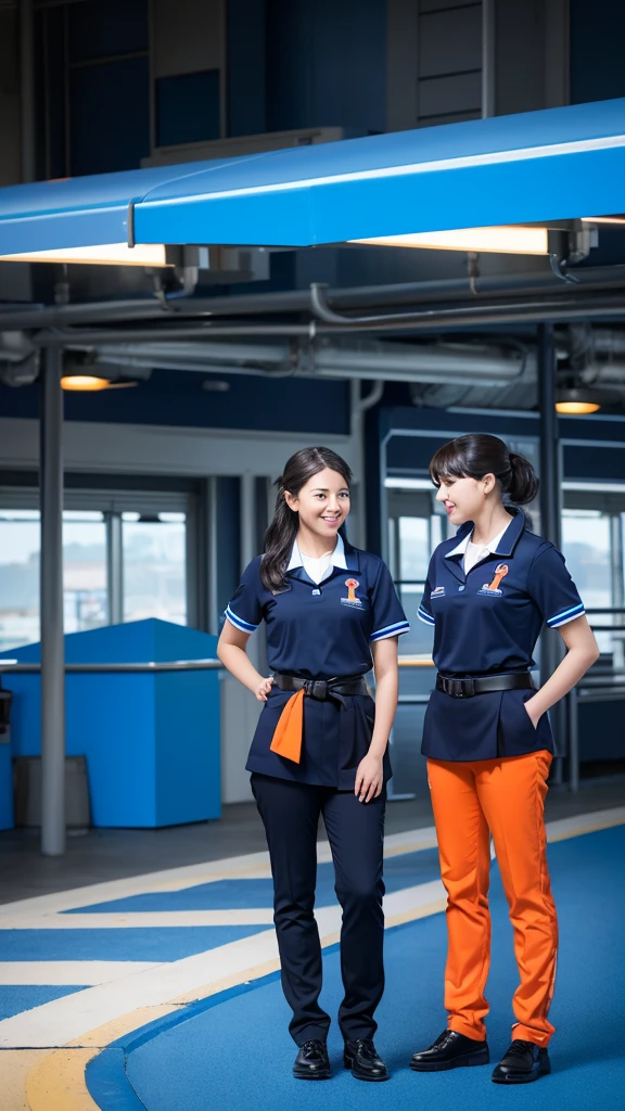 Create an image of two theme park employees standing side by side. They should be wearing matching uniforms that feature a futuristic design with blue as the primary color and orange accents. The uniforms should include black undershirts, black belts, and light blue pants. Both employees should have name tags on their chests. The background should be slightly blurred to focus on the employees.

