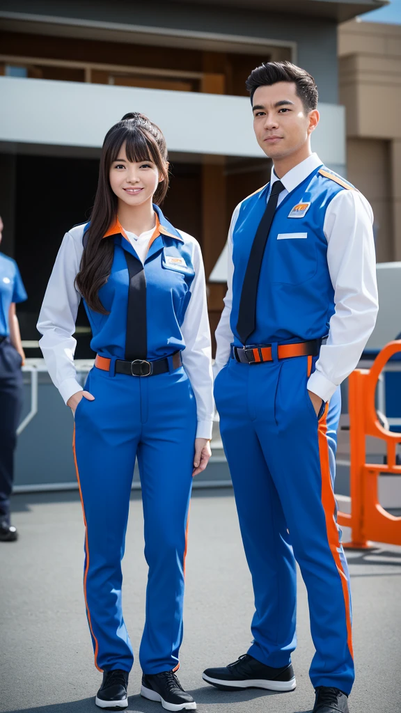 Create an image of two theme park employees standing side by side. They should be wearing matching uniforms that feature a futuristic design with blue as the primary color and orange accents. The uniforms should include black undershirts, black belts, and light blue pants. Both employees should have name tags on their chests. The background should be slightly blurred to focus on the employees.

