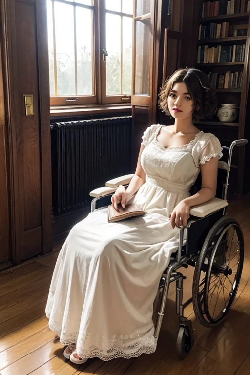 An 18 year old girl with short hair, white and very curly, sitting in an old wheelchair. She is very beautiful and has a tender air. She wears a long orange dress from the Victorian era, with lace and delicate details. The scene is set inside an old Victorian mansion., with the evening sun filtering through dusty windows, creating a warm atmosphere with golden and orange tones. The room is filled with old books and aged wooden furniture.