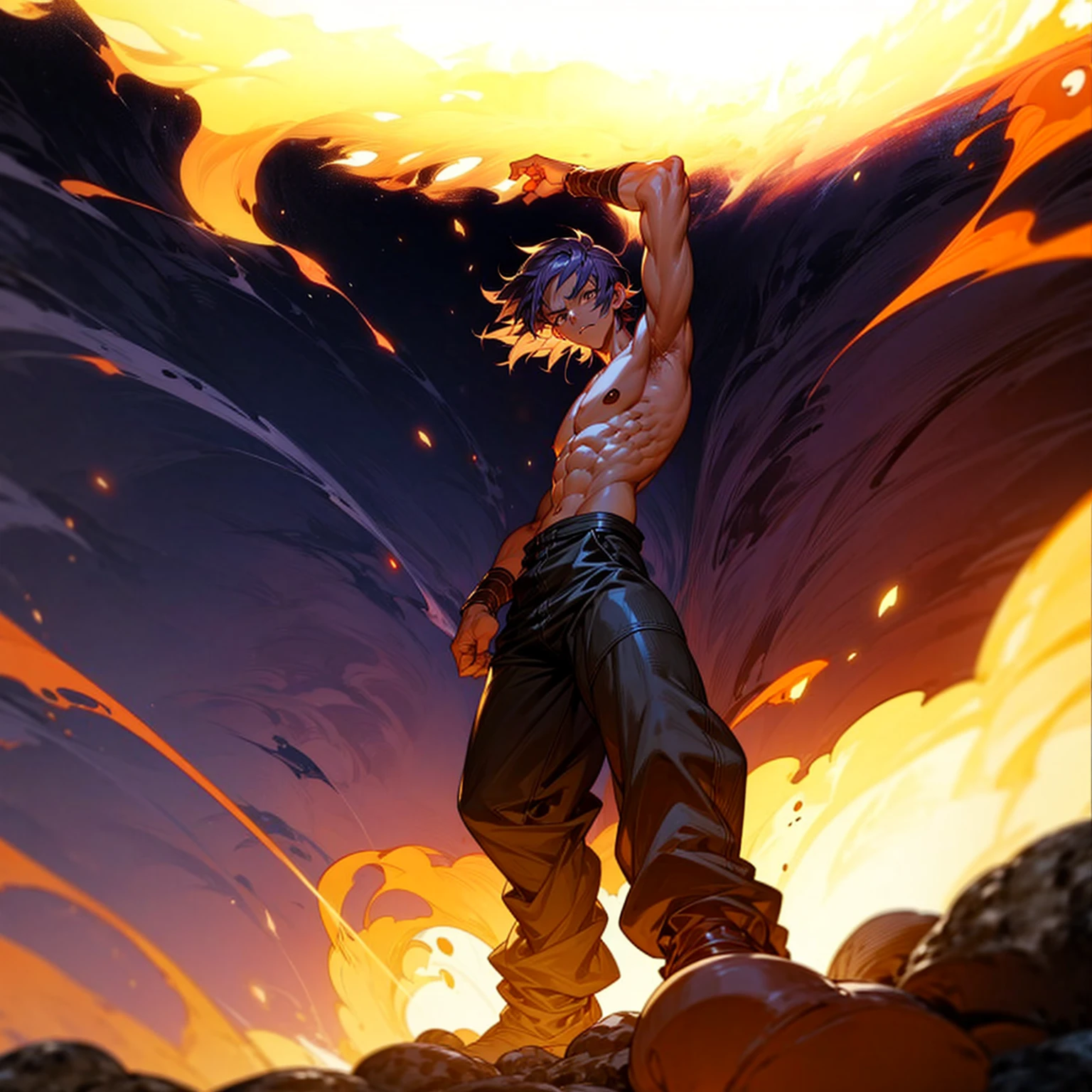 1character, full body version, character is man version, hazel eyes, dark purple colour hair, Shaggy hairstyle, (muscle, topless), clothing style is punk, boots, Grassroots, full background in fire city, motion blur, big flame in hand, standing gesture, (one piece style art), lighting big flame in hands, smoke, smoke effect, aura effect, lightning flash, silhouette, big Fire in hands, fire city 