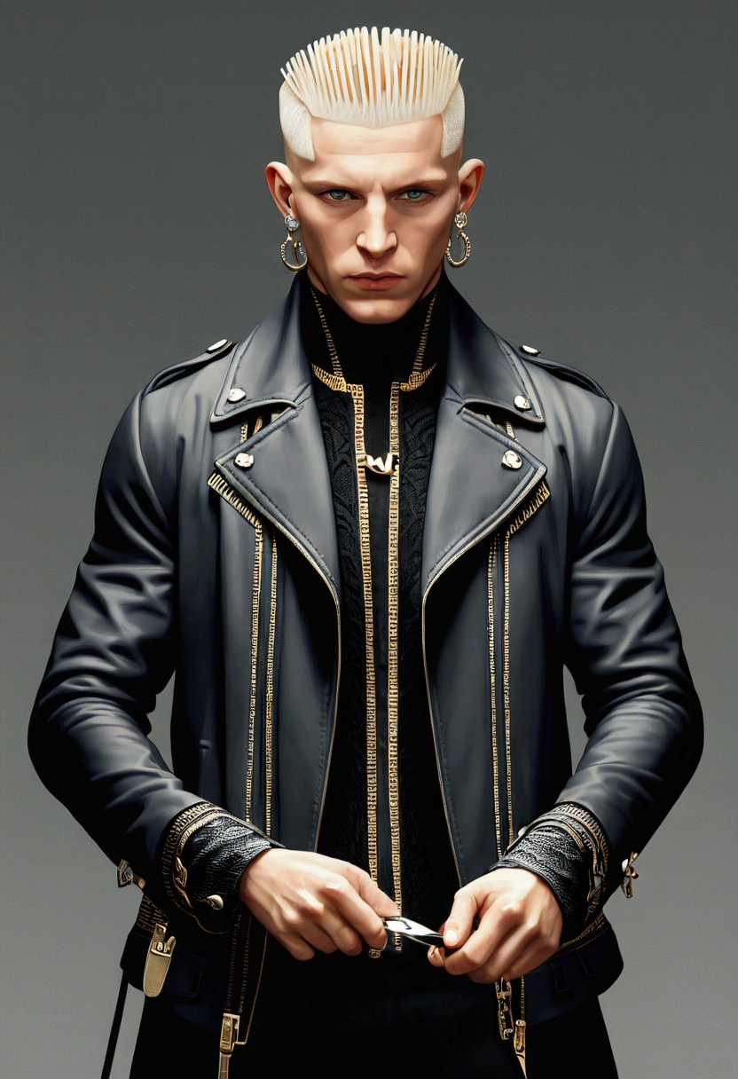 (masterpiece), (Very detailed),(body:1.9),One Man, White Blonde Hair,Shaved Head,Black jacket,Black Hat,Holding scissors and comb