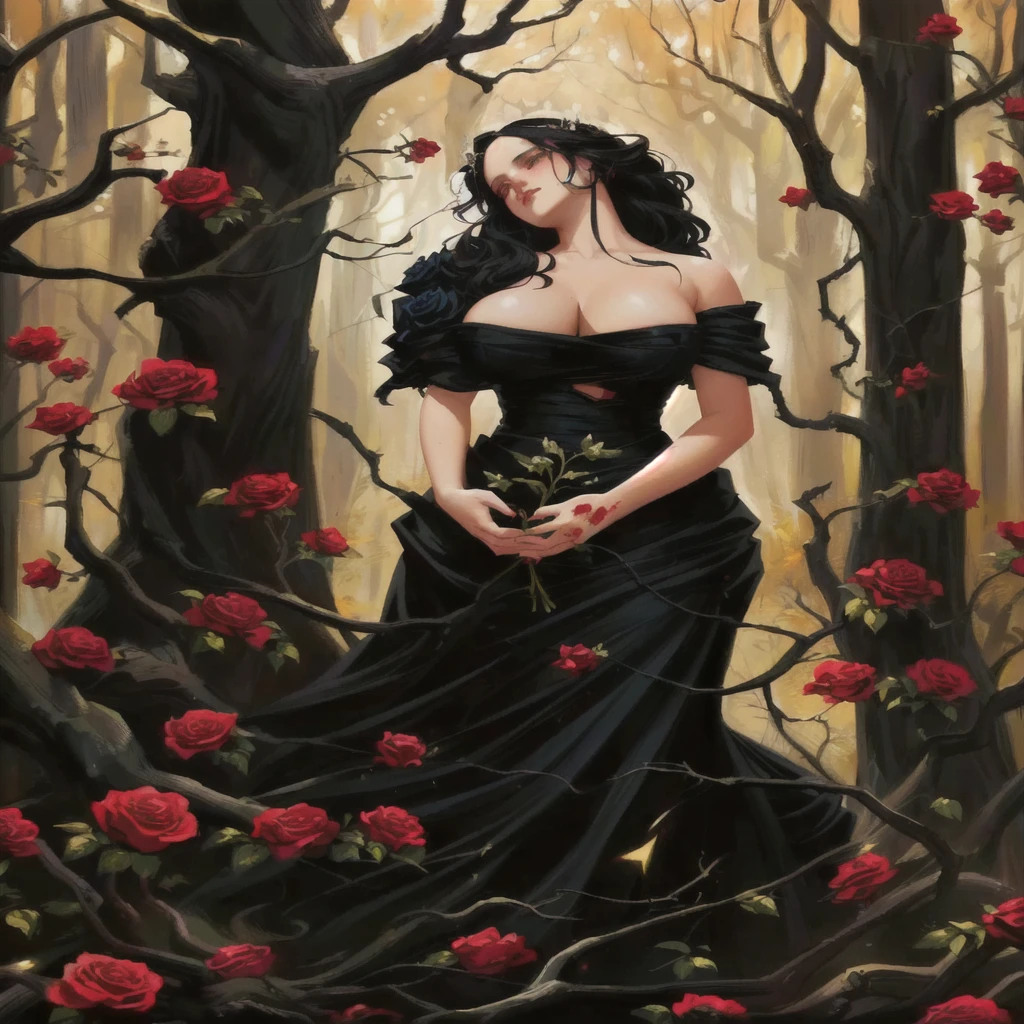 a painting of a woman in a black dress standing in a forest, she is the queen of black roses, persephone as goddess of death, earley, persephone, persephone in spring, ray swanland, Huge tits. artstyle tom bagshaw, jana brike art, by Eddie Mendoza, dark beauty, gothic maiden, gothic painting, detailed 3d gothic oil painting