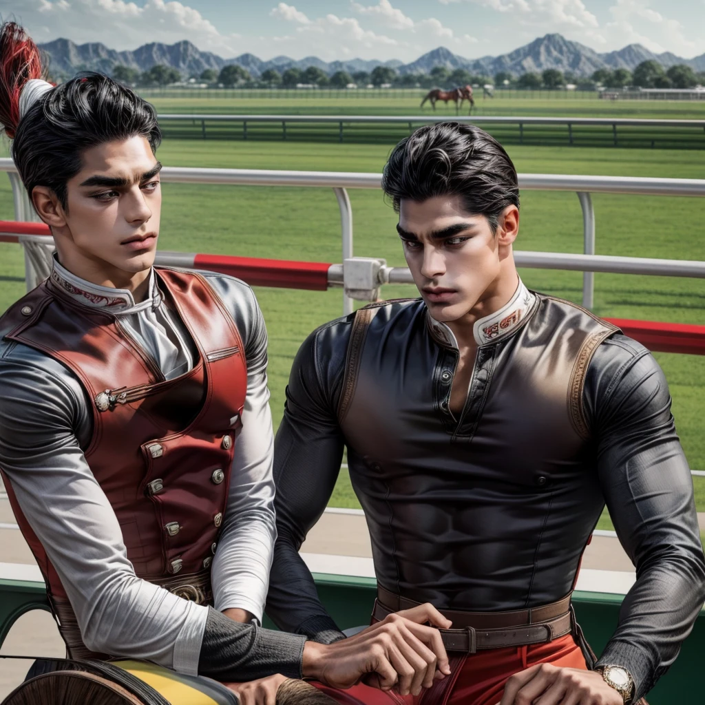 Solo a muscular, attractive, black hair with somewhat tan skin, brown eyes, sharp jawline, thick eyebrows, racing silks outfit with bright and colorful colors inspired by polo men. Horse race track in the background
With people riding horses.