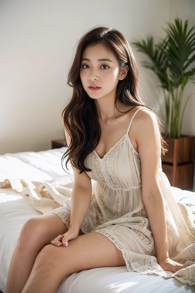 Dark brown hair、Light brown eyes、Japanese actress、 Lady、I am about 40 years old....、(Intricate details:1.2)、(Which is more expensive????:1.4)、 (Ultra-high resolution:1.2)、Ultra-high resolution、(fine adjustment)、(Detailed facial features)、Hmph、8k解像度、D cup size breasts、Long Hair、Large windows、Extravagant space、relax、、,Full body photo、Head to toe shot、Beautiful legs、Camisole dress、Beautiful legs、Breezy, Sunny bedroom、she, household items, (plant:0.8), Fashion Hub, Very detailedな, Very detailed, Realistic, Hourglass Shaped Body, Obscene pose,、、私 cry a lot、tears、person on the left、White wall、White floor、diagonally from below、please lift your chin、relaxした表情、Pose of Weakness、(auraroid photo:1.2)、From outside the window、Transparent painting、8k、32k、Highest quality、(Details of both eyes)、1 girl、elegant、(Loose dress :1.4)、sunset、sit、(I looked up and saw this:1.2)、Hilarious、Sleeping in bed、Top View。Looking into the camera、