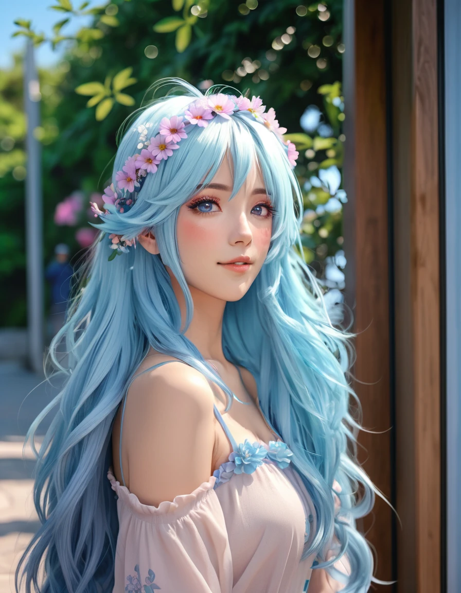 A fifty-year-old with blue hair and a flower crown on his head, Realistic Anime 3D Style, Realistic anime art style, Anime Style. 8k, beautiful Anime Style, Realistic anime art style, Beautiful anime portraits, Beautiful Anime Girls, 3D Anime Real, Anime Styled 3d, Stunning Anime Face Portraits, Beautiful anime art style, Realistic young anime girl