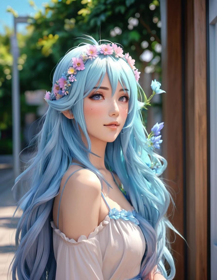A fifty-year-old with blue hair and a flower crown on his head, Realistic Anime 3D Style, Realistic anime art style, Anime Style. 8k, beautiful Anime Style, Realistic anime art style, Beautiful anime portraits, Beautiful Anime Girls, 3D Anime Real, Anime Styled 3d, Stunning Anime Face Portraits, Beautiful anime art style, Realistic young anime girl
