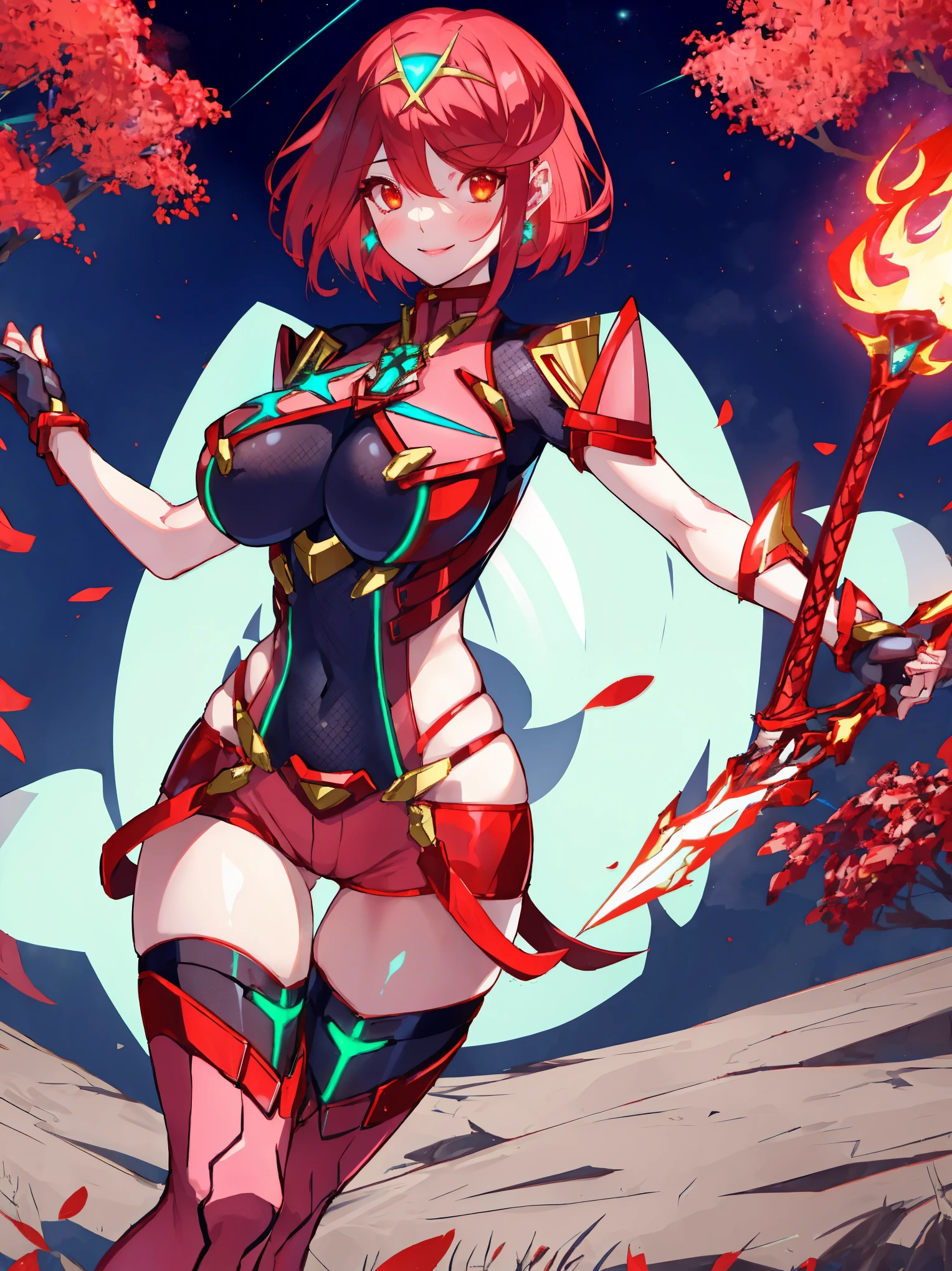 pyra \(xenoblade\), young_teen_1girl, armor, bangs, black gloves, breasts, red eyes, closed mouth, earrings, eyelashes, fingerless gloves, floating hair, framed breasts, gem, gloves, hair ornament, headpiece, jewelry, big_breasts, leaning back, leotard, neon trim, official art, pose, red hair, red shorts, saitou masatsugu, short hair, short shorts, short sleeves, shorts, sidelocks, skin tight, solo, standing, swept bangs, thighhighs, tiara, night_prairie_background, turtleneck, underbust, vambraces, xenoblade chronicles \(series\), (xenoblade chronicles 2), apart_legs, fire_effect,dynamic_pose_fighting,light_smile, (plump:1.1), big_ass,huge_sword, hold_large_sword_hilt, solo, covered_nipples, covered_pussy,