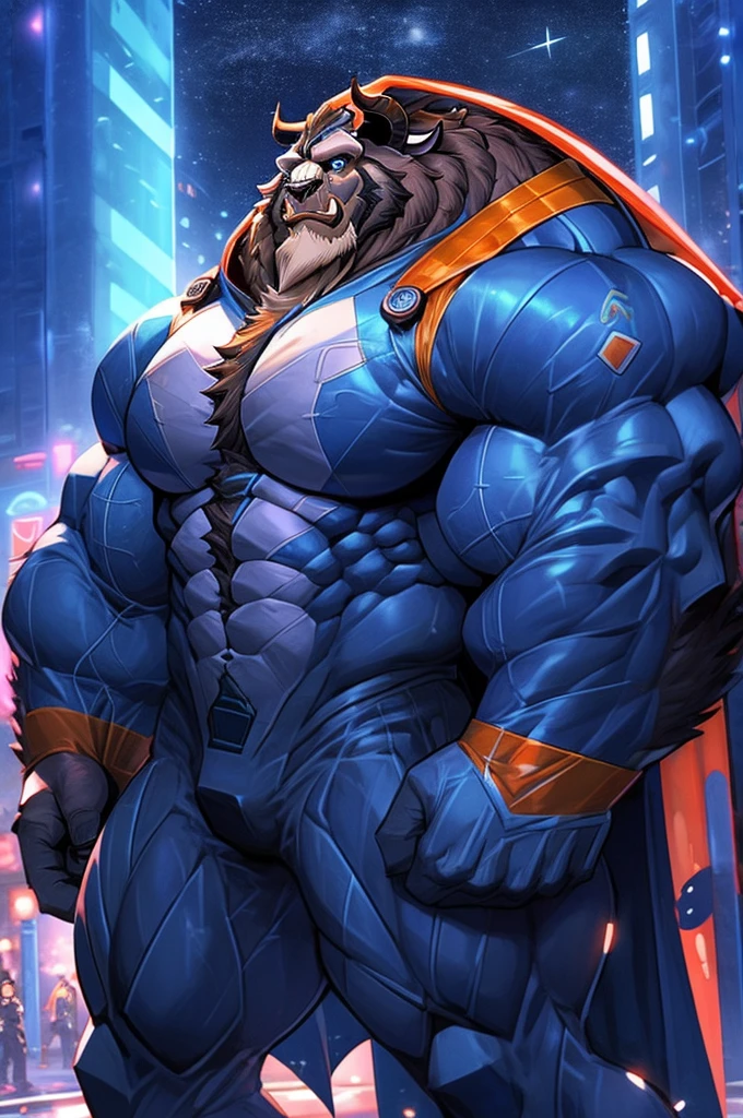 City background, skyscraper, futuristic city, night, stars, night lights, Beast from the movie Beauty and the Beast, Superhero, hero, Nadaria, massive muscles, huge pecs, chiseled ABS, huge pecs, exaggeratedly huge muscles. A furry hero whose presence inspires trust and respect. (((His hero suit is black and blue.)))