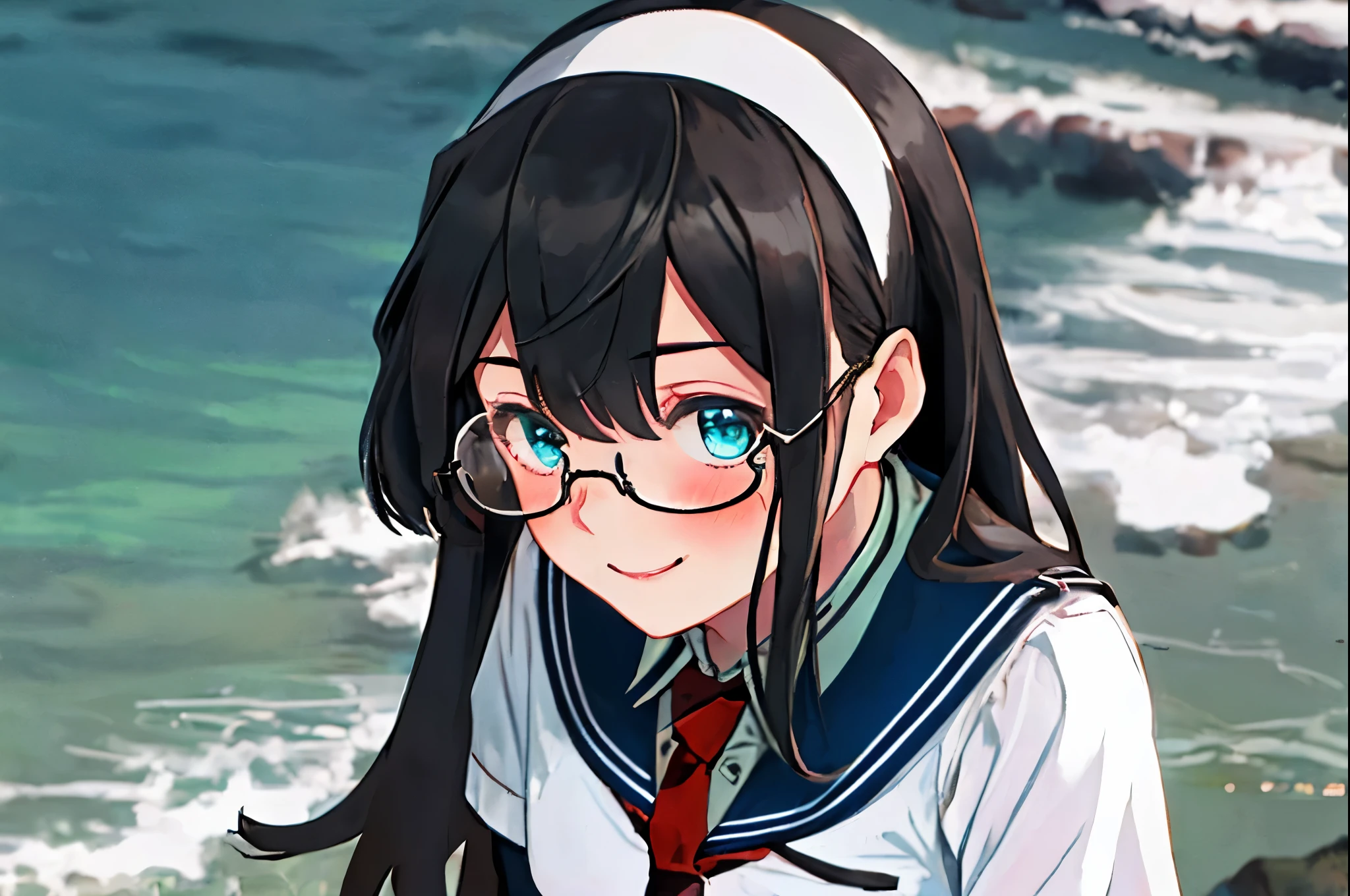 best quality, masterpiece, highres, solo, {ooyodo_kantaicollection:1.15}, black_hair, long_hair, glasses, hairband, semi-rimless_eyewear, under-rim_eyewear, blue_eyes, green_eyes, blush,small_breasts, 1girl, school_uniform, serafuku, pleats_skirt, looking_at_viewer, necktie, harbor_town_landscape_background, red_necktie,light_smile,thigh-highs,sitting,half_eyes,solo