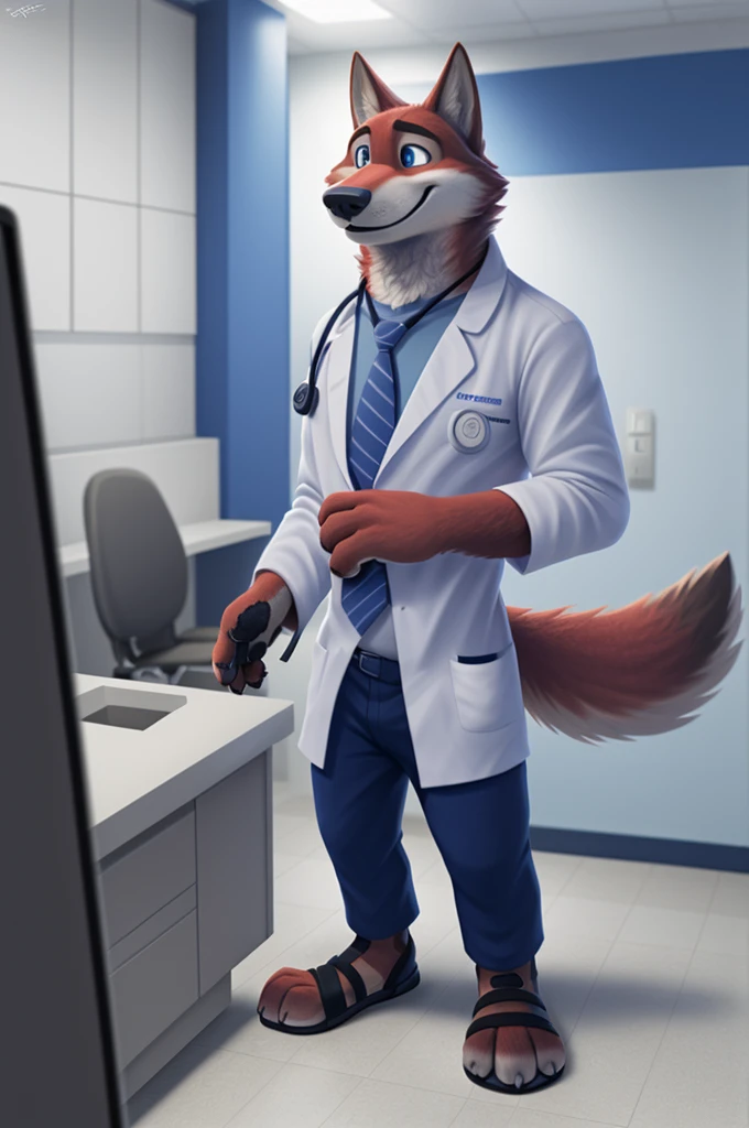 Joachim Wolfbach (Zootopia),tall handsome, wolf,young, 24 years, brown fur,(red body:1.3),Blue eyes, Moscow Dressed,gray medical gown,shirt pants,shoes,tie, BLUE, stethoscope sandals, врач pediatrician,canine, wolf, detailed fur, Male, antro, paw pads, finger claws,Prays, at viewer, 5 fingers, paws, 5 fingers, smile, happy, resting, wrist watch,stethoscope,looks at the monitors, т nextel,hospital,bypasses пациентов, by xenoforge, (difficult, high detail, digital, photo, soft focus, RAW, pediatrician,ulba,tender, very kind, sincere, bypasses, patient, детский врач pediatrician,
photorealism, realistic, photorealistic, analog style, subsurface scattering, 
masterpiece, Best quality, ultra realistic, 8 K)