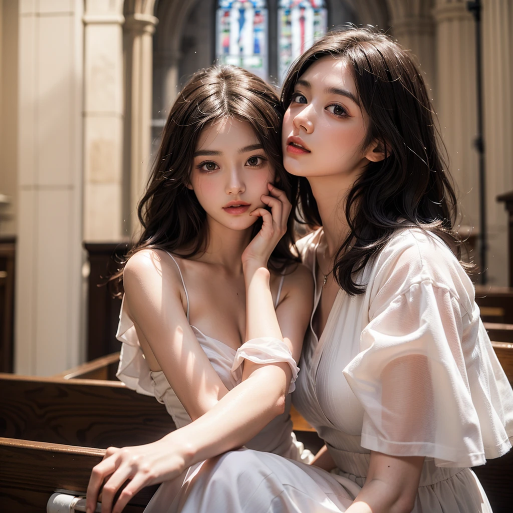 (8k, RAW photo, best quality, masterpiece:1.2), (realistic, photo-realistic:1.37), ultra-detailed, (high detailed skin:1.2), high quality, professional lighting, physically-based rendering photo of 20 years women, perfect body, Super detailed cute face, Super beautiful detailed eyes, black symmetric eyes, (Slender body:1.2), (office uniform, office vest, micro mini skirt), break, dark brown hair, semi-long hair, (Fine face:1.2), glossy lips, Highly detailed skin texture, break, (Beautiful medium breasts:1.2), break, (2women hug:1.3), (lip to lip):1.3, ((extremely The background is the interior of a deserted Gothic church)), back shot, high angle:1.2, eye contact:1.37, incoming kiss:1.37