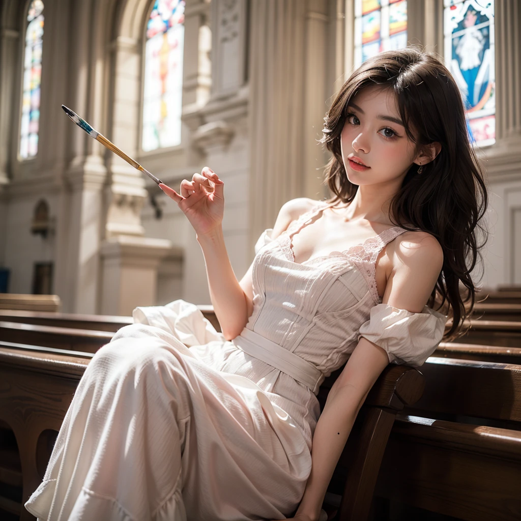 Men black hair, brown eyes, pink and white, vivid colors, white dress, paint splash, church background, ray tracing, wavy hair