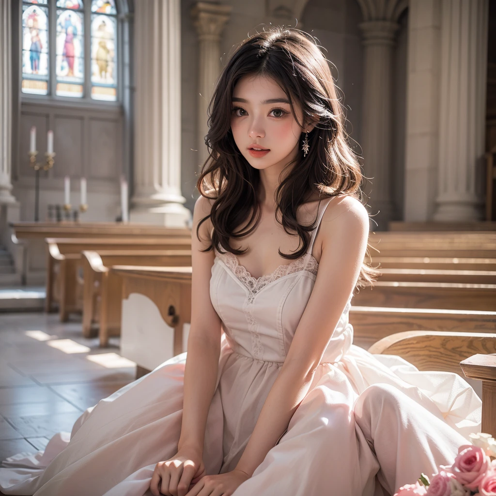 (best quality), masterpiece, (photo realistic:1.5), 8k quality, 1 beautiful girl, full body, (large breasts:1.2), dark brown hair, brown eyes, front, detailed face, beautiful eyes, looking at viewer, smile, BREAK, wearing see-through pink wedding dress, one shoulder dress, standing in a beautiful church, holding a bouquet with both hands, , (ulzzang-6500-v1.1:0.1)