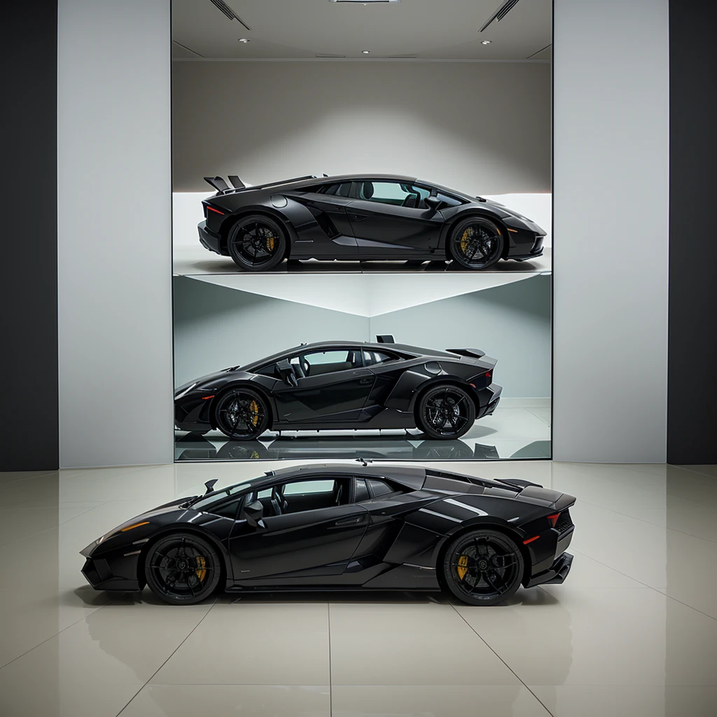 4 side view of a lambo in a showcase room
