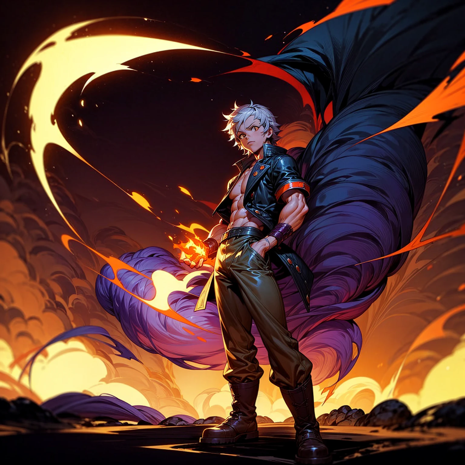 1character, full body version, character is man version, hazel eyes, dark purple colour hair, Shaggy hairstyle, (white skin, muscle, naked body), clothing style is punk, boots, Grassroots, full background in fire city, motion blur, big flame in hand, standing gesture, (one piece style art), flame lava in hands, smoke, smoke effect, aura effect, lightning flash, silhouette, big Fire in hands, fire city 