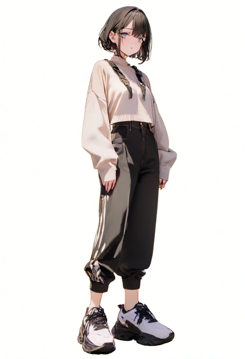 (Masterpiece, best quality: 1.2, 8K), center, full body, 20s, one adult girl, cool fashion, casual pants, simple sneakers, simple background, white background, open eyes, delicate eyes, beautiful eyes,