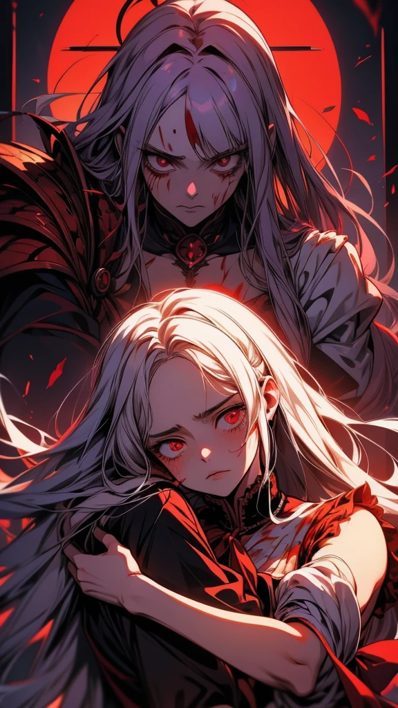 anime girl hugging another girl with Blood on her face, Yandere, gapmoe Yandere, Yandere intricate, gapmoe Yandere grimdark, Yandere. expensive, ( ( ( yoh yoshinari ) ) ), Bloody scene, [[Blood]], shalltear Bloodfallen, Singey, by Kamaguruka, Nightcore, Bloody