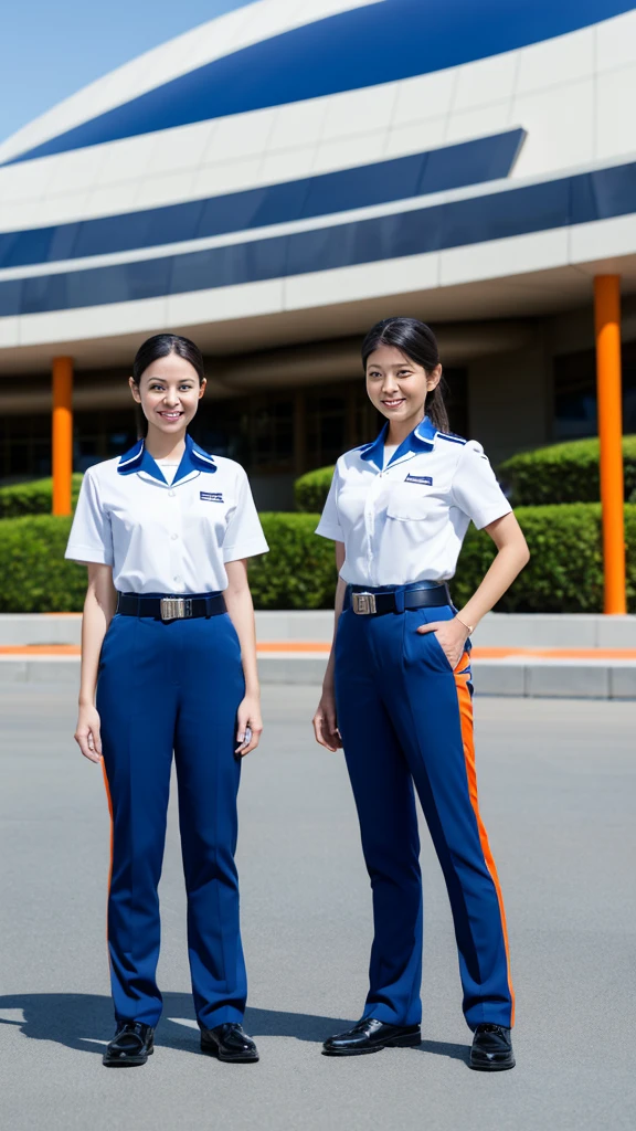Create an image of two theme park employees standing side by side. They should be wearing matching uniforms that feature a futuristic design with blue as the primary color and orange accents. The uniforms should include black undershirts, black belts, and light blue pants. Both employees should have name tags on their chests. The background should be slightly blurred to focus on the employees.