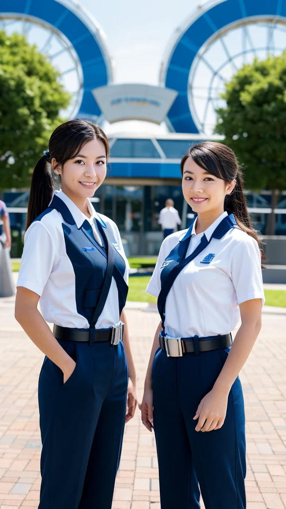 Create an image of two theme park employees standing side by side. They should be wearing matching uniforms that feature a futuristic design with blue as the primary color and orange accents. The uniforms should include black undershirts, black belts, and light blue pants. Both employees should have name tags on their chests. The background should be slightly blurred to focus on the employees.


