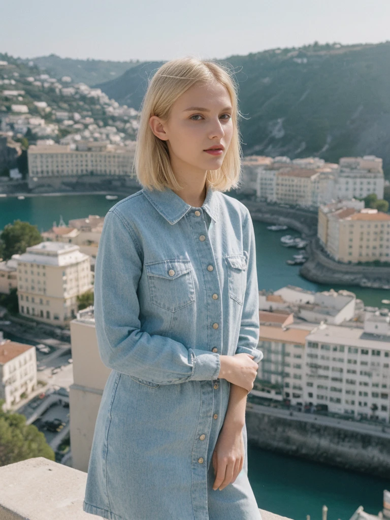 her name is Amelie, high quality, 1girl, ((25-year-old fit Caucasian woman)), ((25 years old)), ((SLIM)), ((Micro Bob BLONDE HAIR)), pose: standing, wearing Popular Generation-Z modern wear different colored, BACKGROUND:"On a cliffside terrace, overlooking the caldera with its whitewashed buildings and deep blue waters below."