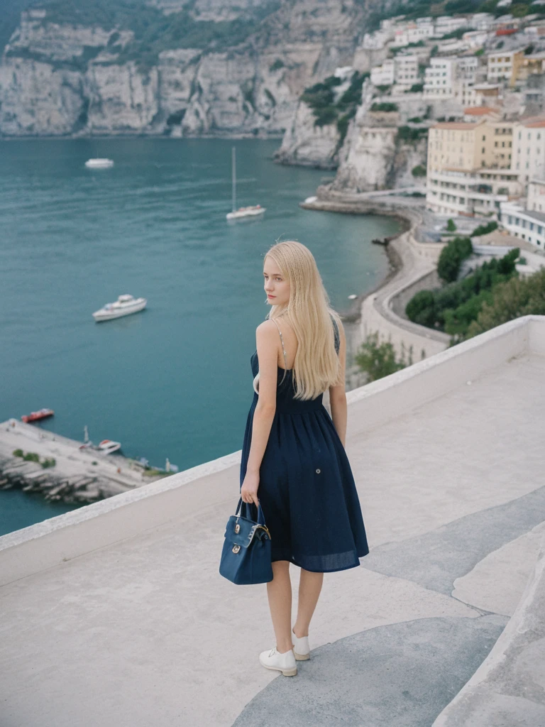 her name is Amelie, high quality, 1girl, ((25-year-old fit Caucasian woman)), ((25 years old)), ((SLIM)), ((Micro Bob BLONDE HAIR)), pose: standing, wearing Popular Generation-Z modern wear different colored, BACKGROUND:"On a cliffside terrace, overlooking the caldera with its whitewashed buildings and deep blue waters below."