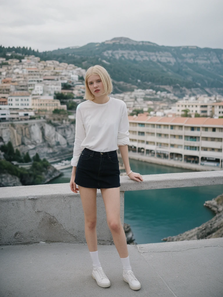 her name is Amelie, high quality, 1girl, ((25-year-old fit Caucasian woman)), ((25 years old)), ((SLIM)), ((Micro Bob BLONDE HAIR)), pose: standing, wearing Popular Generation-Z modern wear different colored, BACKGROUND:"On a cliffside terrace, overlooking the caldera with its whitewashed buildings and deep blue waters below."