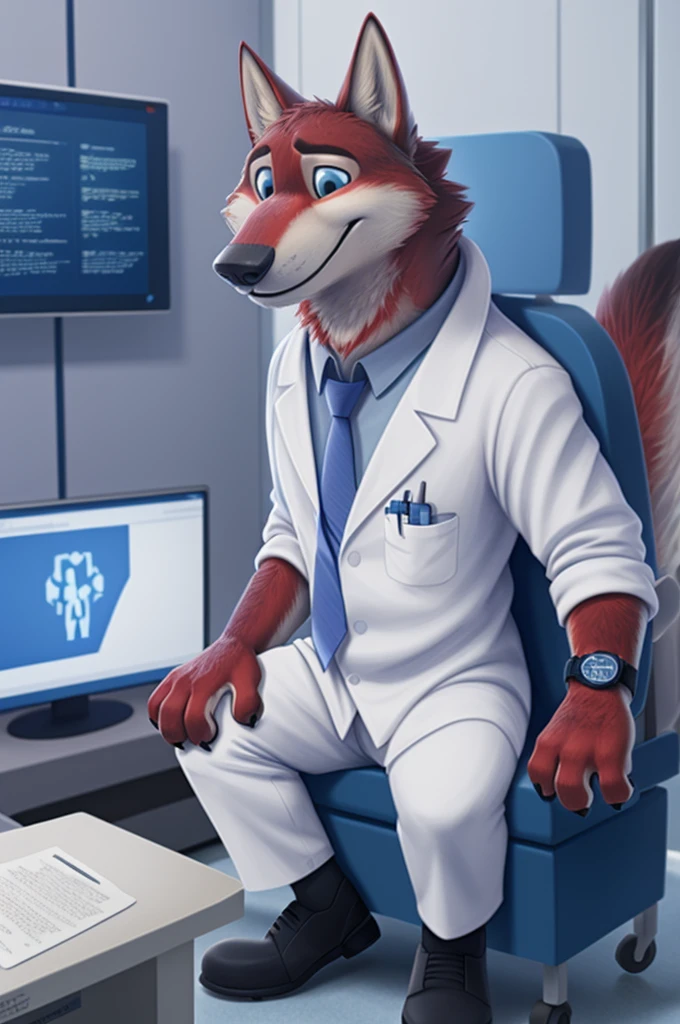 Joachim Wolfbach (Zootopia),tall handsome, wolf,young, 24 years, brown fur,(red body:1.3),Blue eyes, Moscow Dressed,red cassock, red headdress,in a white medical gown,shirt pants,shoes,tie, BLUE, stethoscope, pediatrician,canine, wolf, detailed fur, Male, antro, paw pads, finger claws,Prays, at viewer, 5 fingers, paws, 5 fingers, smile, happy, resting, wrist watch,stethoscope,looks at the monitors, т nextel, sitting at home in the medical intensive care unit,by xenoforge, (difficult, high detail, digital, photo, soft focus, RAW, pilot by training,ulba,tender, very kind, sincere, advises, patient, детский pediatrician,
photorealism, realistic, photorealistic, analog style, subsurface scattering,
masterpiece, Best quality, ultra realistic, 8 K)