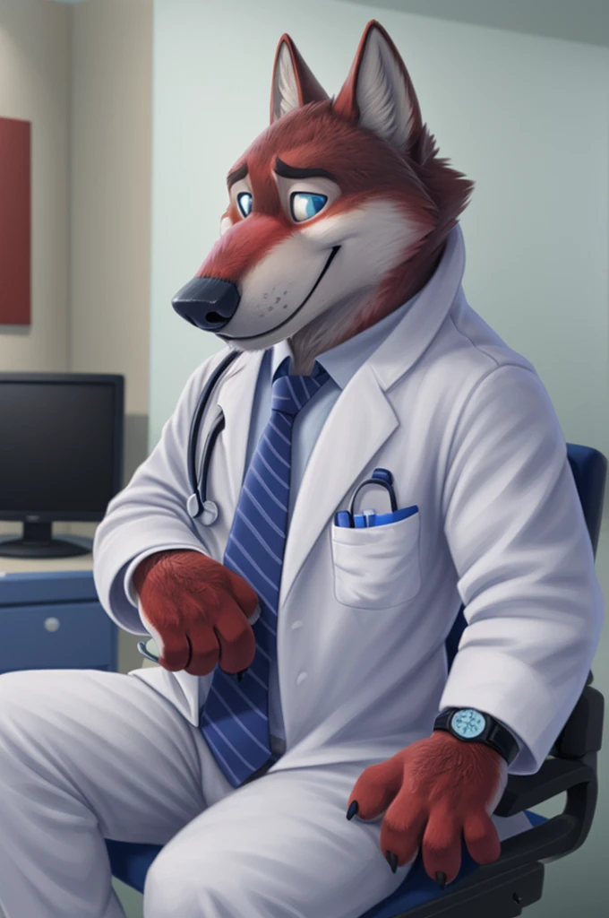 Joachim Wolfbach (Zootopia),tall handsome, wolf,young, 24 years, brown fur,(red body:1.3),Blue eyes, Moscow Dressed,red cassock, red headdress,in a white medical gown,shirt pants,shoes,tie, BLUE, stethoscope, pediatrician,canine, wolf, detailed fur, Male, antro, paw pads, finger claws,Prays, at viewer, 5 fingers, paws, 5 fingers, smile, happy, resting, wrist watch,stethoscope,looks at the monitors, т nextel, sitting at home in the medical intensive care unit,by xenoforge, (difficult, high detail, digital, photo, soft focus, RAW, pilot by training,ulba,tender, very kind, sincere, advises, patient, детский pediatrician,
photorealism, realistic, photorealistic, analog style, subsurface scattering,
masterpiece, Best quality, ultra realistic, 8 K)