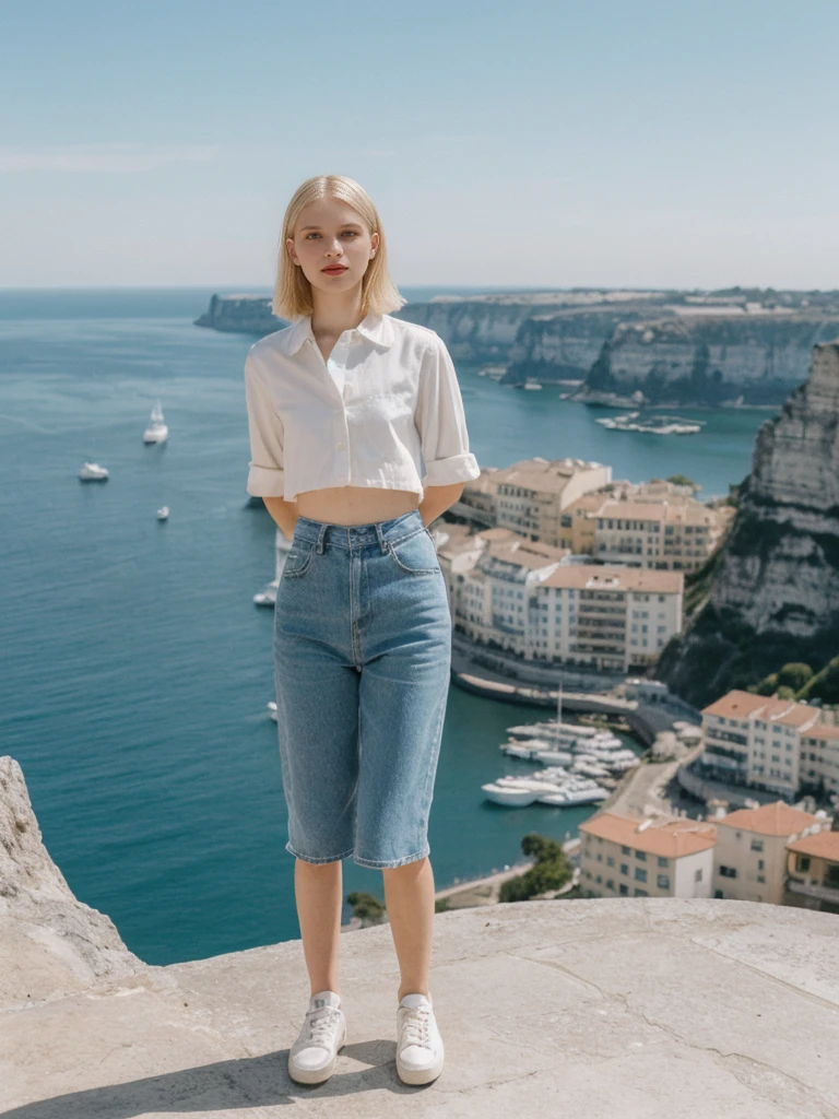 her name is Amelie, high quality, 1girl, ((25-year-old fit Caucasian woman)), ((25 years old)), ((SLIM)), ((Micro Bob BLONDE HAIR)), pose: standing, wearing Popular Generation-Z modern wear different colored, BACKGROUND:"On a cliffside terrace, overlooking the caldera with its whitewashed buildings and deep blue waters below."