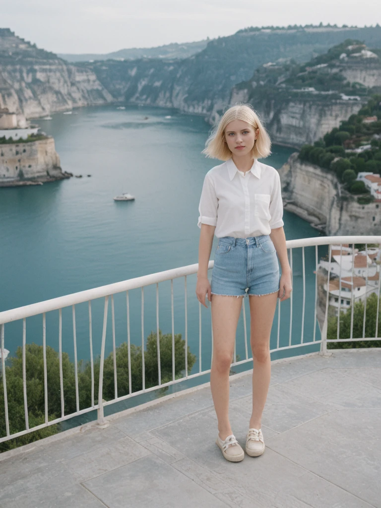 her name is Amelie, high quality, 1girl, ((25-year-old fit Caucasian woman)), ((25 years old)), ((SLIM)), ((Micro Bob BLONDE HAIR)), pose: standing, wearing Popular Generation-Z modern wear different colored, BACKGROUND:"On a cliffside terrace, overlooking the caldera with its whitewashed buildings and deep blue waters below."