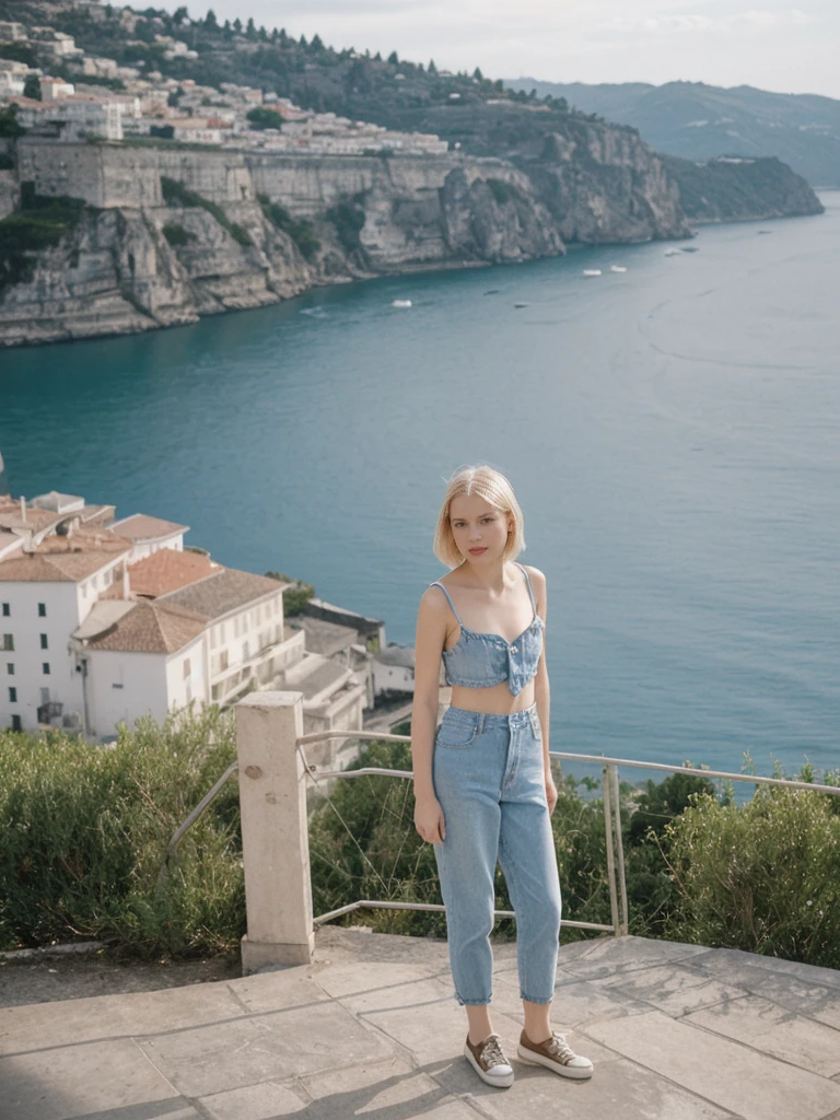 her name is Amelie, high quality, 1girl, ((25-year-old fit Caucasian woman)), ((25 years old)), ((SLIM)), ((Micro Bob BLONDE HAIR)), pose: standing, wearing Popular Generation-Z modern wear different colored, BACKGROUND:"On a cliffside terrace, overlooking the caldera with its whitewashed buildings and deep blue waters below."