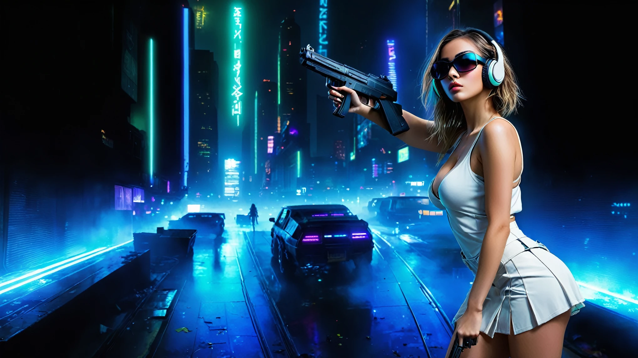 dark futuristic landscape, at night, neon lights, Atmospheric fog, large buildings in the background, futuristic city, streets with open shops, skyscraper (postapocalyptic city:1.3). (((1girl, solo, alone))), large-breast:1.2 slim body, cleavage:1.1, sexy miniskirt, (((headphone, black sunglasses, standing and holding pistol pose))), (((half-body thigh level medium shot))), cinematic lighting, lens flare, ray tracing.