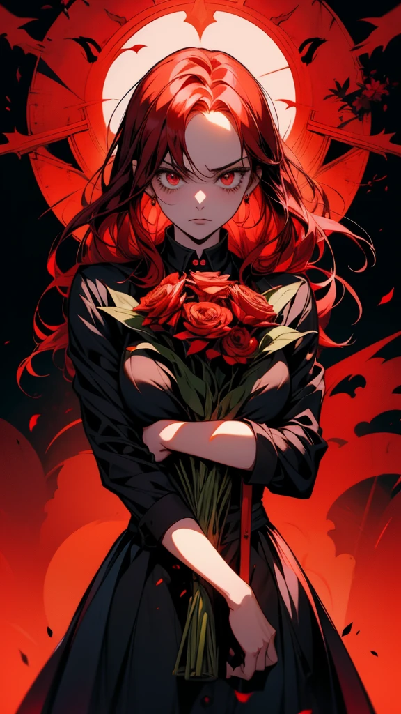Anime girl with red hair and wearing a black suit holding a bouquet of red flowers, Yandere, Yandere. expensive, gapmoe Yandere, ( ( ( yoh yoshinari ) ) ), by Kamisaka Sekka, by Kamaguruka, gapmoe Yandere grimdark, Chainsaw Man, Written by Chi Dahe, Chainsaw Man manga