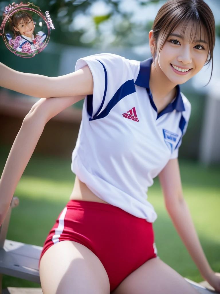 Highest quality, masterpiece, Ultra-high resolution, (Realistic:1.4), Raw photo, One girl, The most famous Japanese actresses, Wearing a volleyball uniform, Very beautiful face, very beautiful big eyes, Very beautiful short hair, Very beautiful skin, Very beautiful long eyelashes, Very beautiful lips, Very beautiful hips, Very beautiful thighs, Upturned buttocks, Dynamic Pose, An innocent smile