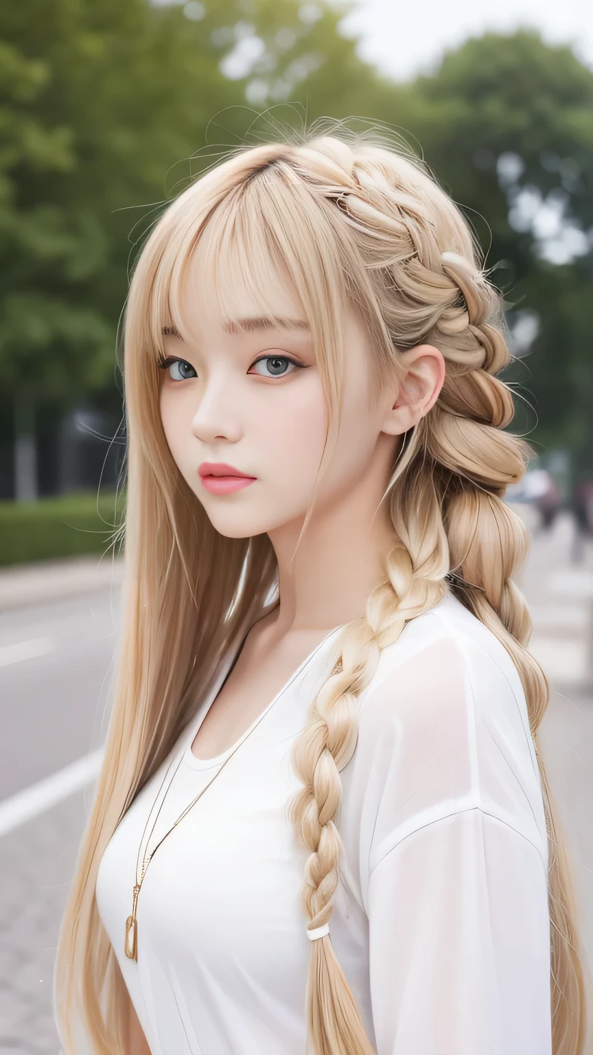 Sexy Big 、Sexy cute looks and cute  beautiful girl, beautiful and sexy face、A strong wind blows my hair in front of my face、beautiful long blonde French braided hair、beautiful, Cute and sexy eyes hidden behind long bangs