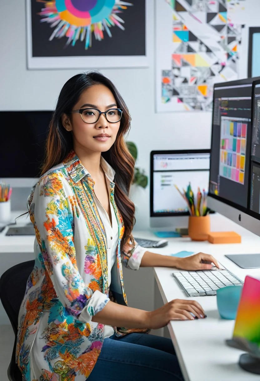 Create an image of a professional Malayan pretty beautiful woman working as a graphic designer in a modern, stylish office. She is seated at a sleek desk with a large, high-resolution monitor displaying vibrant, creative design work. The workspace is filled with design tools like a drawing tablet, color palettes, and inspirational posters on the wall. She is focused and confident, dressed in hippie casual professional attire. 