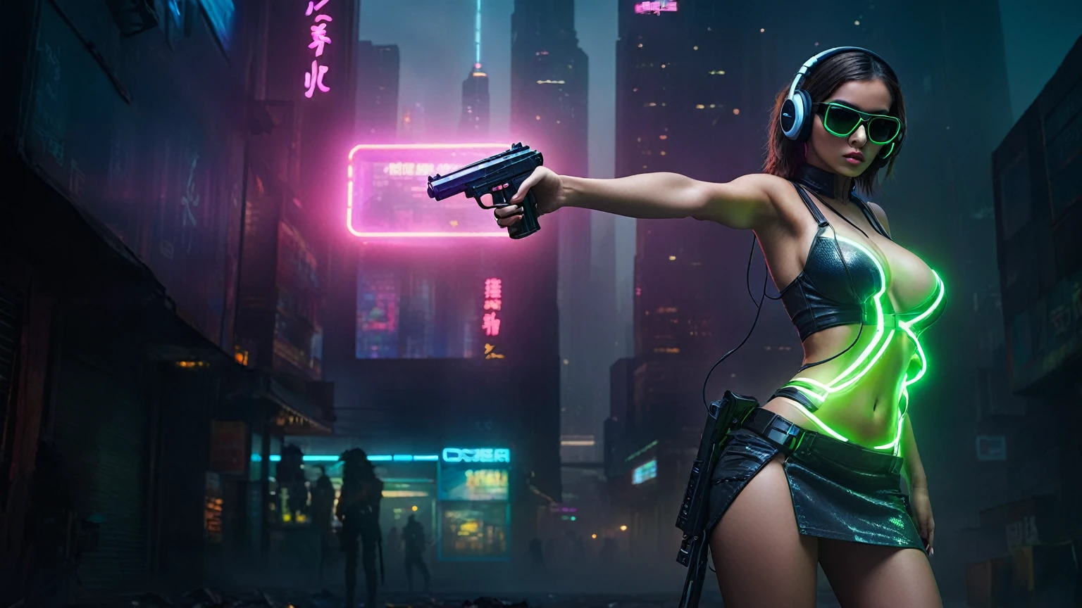 dark futuristic landscape, at night, neon lights, Atmospheric fog, large buildings in the background, futuristic city, streets with open shops, skyscraper (postapocalyptic city:1.3). (((1girl, solo, alone))), large-breast:1.2 slim body, cleavage:1.1, sexy miniskirt, (((headphone, black sunglasses, standing and holding pistol pose))), (((half-body thigh level medium shot))), cinematic lighting, lens flare, ray tracing.