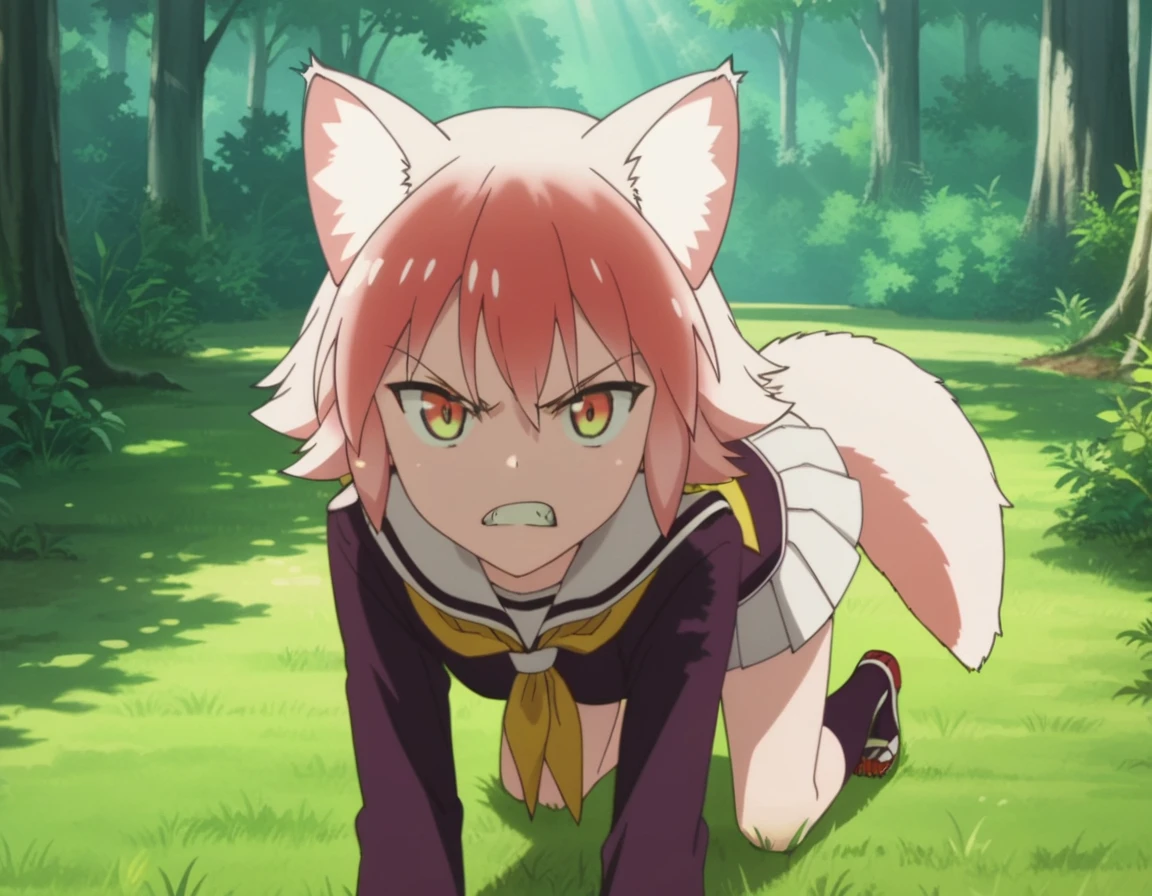 score_9, score_8_up, score_7_up, source_anime, anime screencap, anime coloring, ranka, 1girl, animal ears, wolf girl, wolf ears, wolf tail, tail,. animal ear fluff, serafuku, pleated skirt, neckerchief, on all fours, forest, grass, dappled sunlight, clenched teeth, fangs, looking at viewer, angry