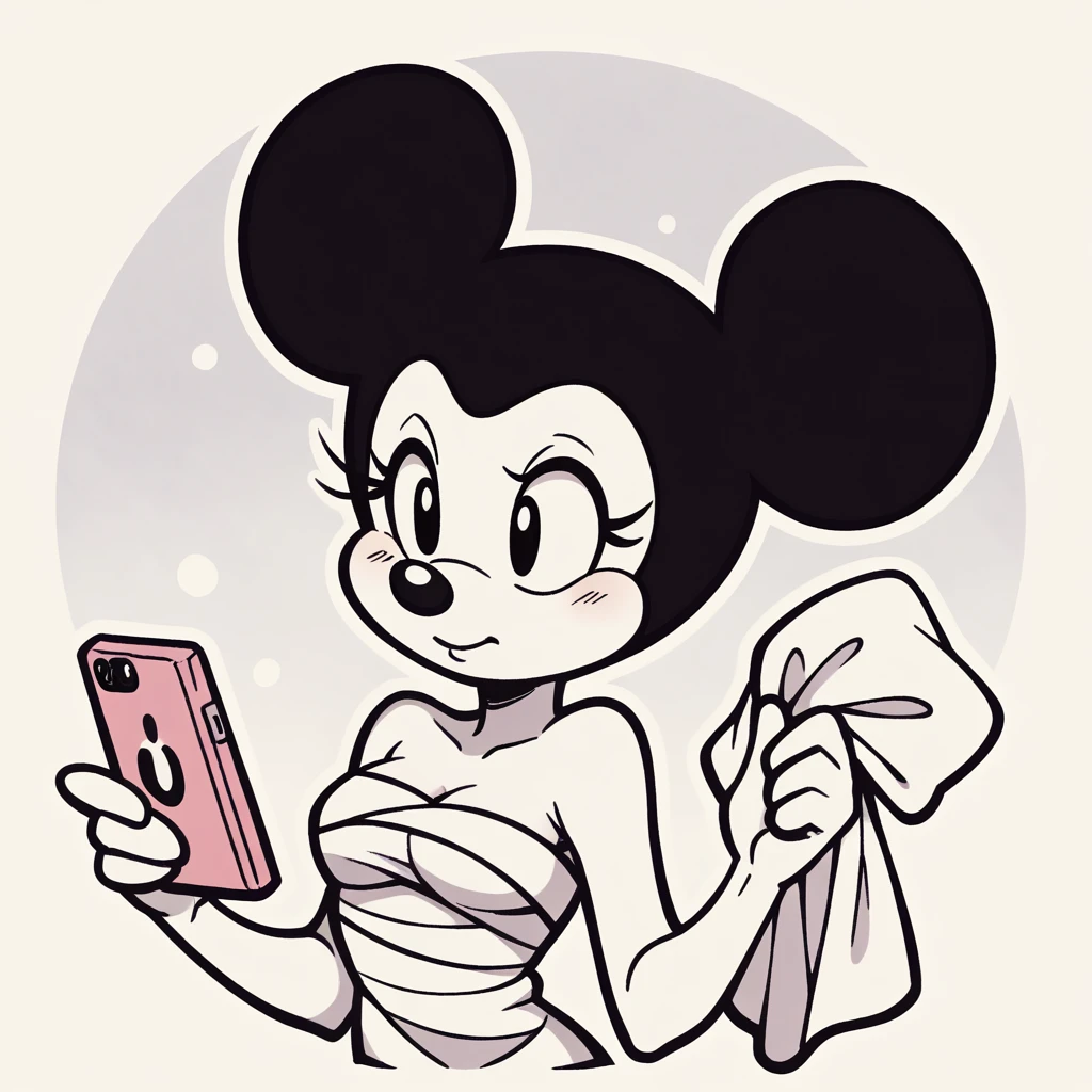 (score_9, score_8_superior), Minnie Mouse, Wrapped in a towel, Medium chest, Have a phone