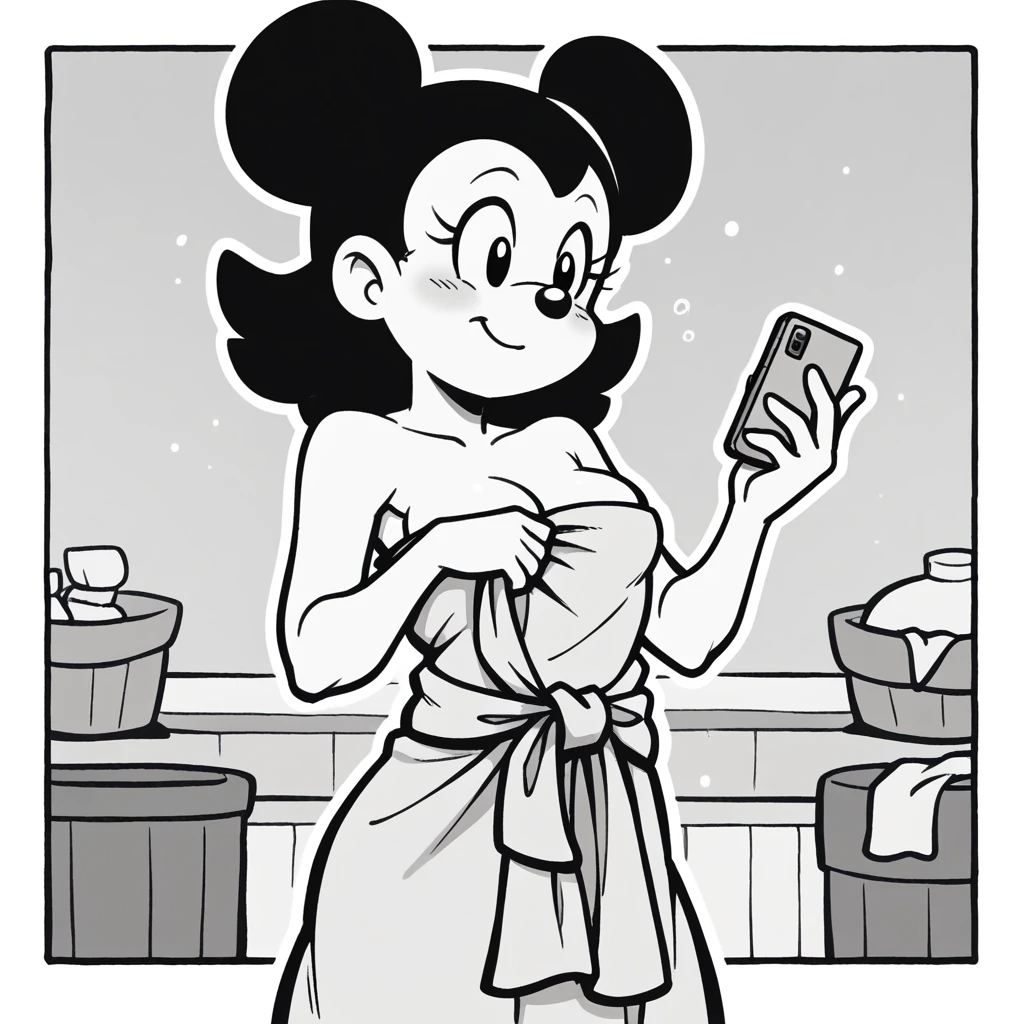 (score_9, score_8_superior), Minnie Mouse, Wrapped in a towel, Medium chest, Have a phone