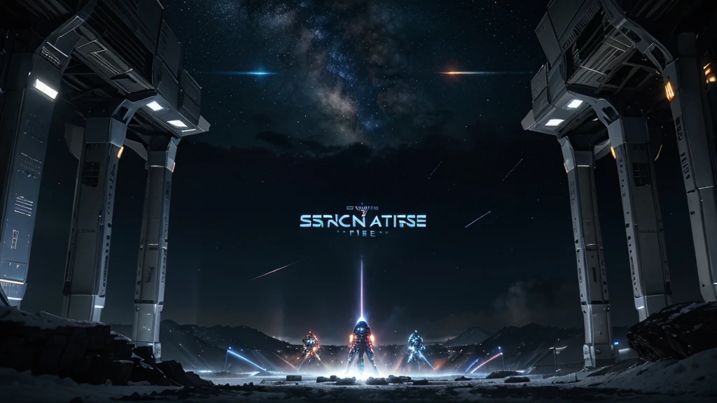 Promotional poster AI generated example describing the poster layout: Central display main characters,The characters of the mecha camp and the alien camp are distributed on the left and right sides.。 Background uses bright starry sky、Portals and high-tech city elements。 Place a prominent game title at the top《Cosmic Confluence》。 The slogan "Explore Infinite Possibilities" is placed at the bottom.,Across the Multiverse!" and a brief introduction to the game features、Release date and platform information。 Tone and detail: Use bright blue and purple as the main colors,Gold and silver are secondary colors。 Adding light effects and energy fluctuation effects,Enhance visual impact。 Foreground characters are detailed,The background is layered,Highlight the interaction between characters and background。