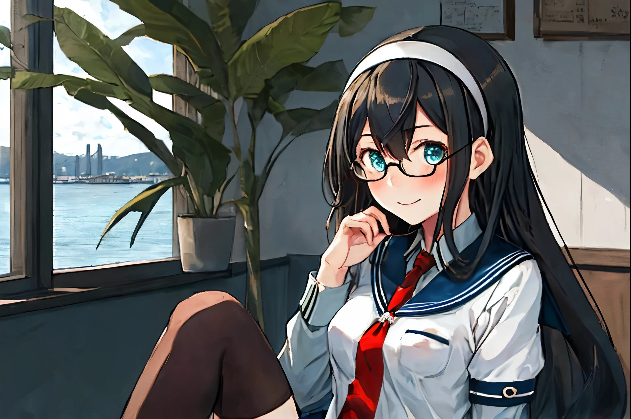 best quality, masterpiece, highres, solo, {ooyodo_kantaicollection:1.15}, black_hair, long_hair, glasses, hairband, semi-rimless_eyewear, under-rim_eyewear, blue_eyes, green_eyes, blush,small_breasts, 1girl, school_uniform, serafuku, pleats_skirt, looking_at_viewer, necktie, harbor_town_landscape_background, red_necktie,light_smile,thigh-highs,sitting,half_eyes,solo