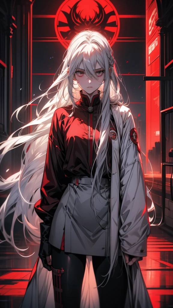 a picture of a woman of long white hair standing in front of a red light, Gray-haired deity, Gap Moe Yandere grimdark, Gap Moe Yandere, Gray-haired少女, Shiro from Deadman Wonderland, Gray-haired, of long white hair, White long hair, Crushing Despair, Flowing white hair, Long Hair Anime Girl, perfect Gray-haired girl